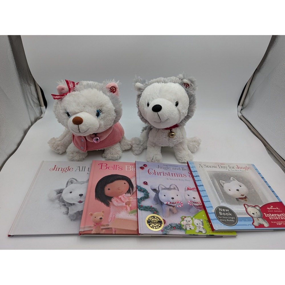 Hallmark Jingle Bell Interactive Plush Husky Dog and 4 Book Lot Works